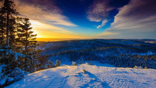 Sunset snowy mountain trees clouds 8 - akseli gallenkallela free wallpaper