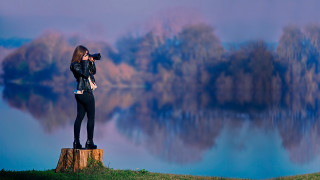 Woman lake reflection camera outdoors - photographic free wallpaper