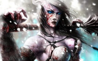 Woman bloody face sword hand - blood free wallpaper