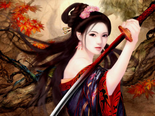 Woman sword autumn leaves tree - chen chun free wallpaper