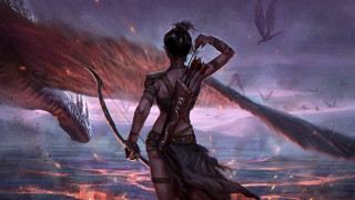Woman bow arrow dragon firebird - epic fantasy character art free wallpaper for desktop