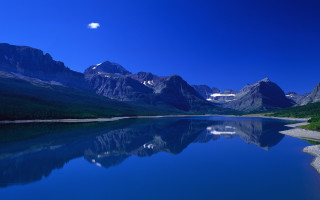 Mountain lake reflection moon nature - a few tree and bushes free wallpaper
