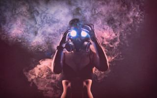 Woman gasmask light smoke red - smoke behind her free wallpaper