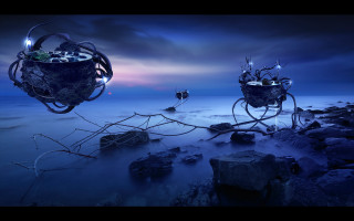 Strange objects floating night water - a surrealist sculpture free wallpaper