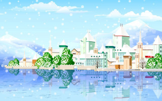 Snowy city lake trees mountains - matte painting free wallpaper for desktop