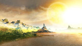 Mountain range sun river fantasy - a painting of a mountain range free wallpaper