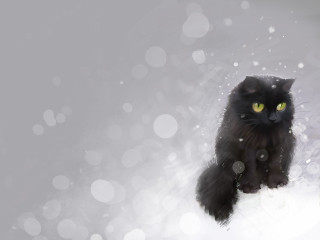 Black cat green eyes snow - a digital painting free wallpaper for desktop