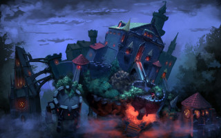 Castle smoke trees night lantern - a painting of a castle free wallpaper