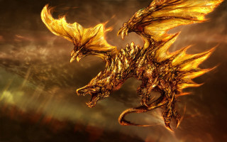 Golden dragon flying cloudy sky - its wing free wallpaper