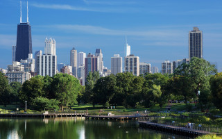City skyline lake park architecture - free city wallpaper