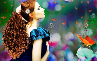 Red haired woman butterfly field - a storybook illustration free wallpaper