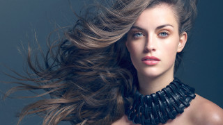 Woman blackchoker flyinghair blueeyes lips - evert collier free wallpaper