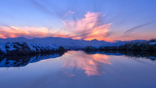 Lake mountain sunset clouds urban - widescreen free wallpaper