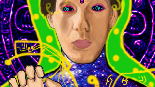 Metaphysical digital painting man green - a yellow circle free wallpaper