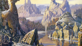 Mountain landscape river bird castle - a painting of a mountain landscape free wallpaper for desktop