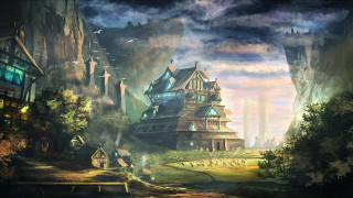 Fantasy house mountain valley sunset - a dark sky above free wallpaper