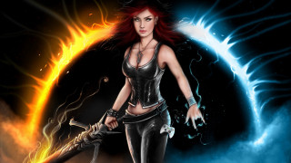 Fantasy woman sword fire moon - dark fantasy art free wallpaper for desktop