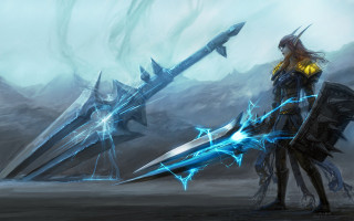 Woman sword blue object desert - league of legends concept art free wallpaper for desktop