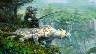 Man fishing white leopard jungle - fantasy concept art free wallpaper