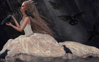 Woman white dress crows shoulder - dark fantasy art free wallpaper