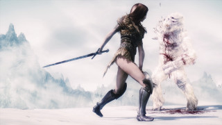 Woman sword bear snowy mountains - a sword next free wallpaper for desktop