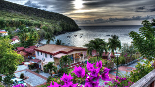 Tropical island boat house purple - a tropical island free wallpaper