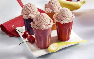 Three icecreams cherries bananas plate - a plate free wallpaper for desktop