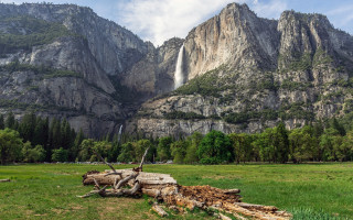 Mountain waterfall field trees grass - a large mountain free wallpaper