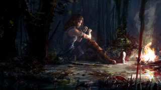 Woman sitting by campfire forest - game art free wallpaper for desktop