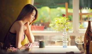 Woman table vase rose window - cao buxing free wallpaper