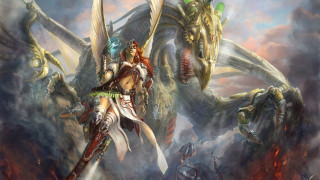 Woman sword giant monster fire - chris rahn free wallpaper