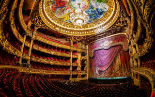 Auditorium painted ceiling clock stage - theatrical free wallpaper for desktop