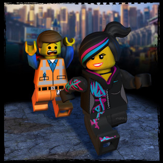 Lego character walking city skyscrapers - tall building free wallpaper for tablet