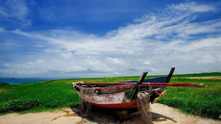 Boat dirt road field water - wide angle len free wallpaper for desktop