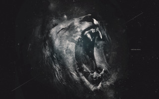 Lion mouth open black white - llustration free wallpaper for desktop