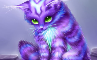 Purple cat green eyes fantasy - a digital painting free wallpaper for desktop