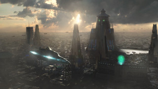 Futuristic city spaceship sunset clouds - a futuristic city free wallpaper