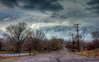 Mountain road cloudy sky trees - bob thompson free wallpaper for desktop