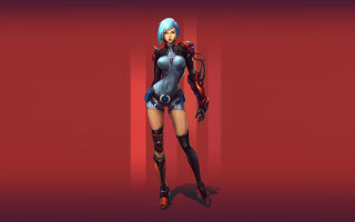 Futuristic woman red wall cyborg - her hand and a gun free wallpaper