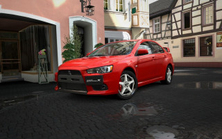 Red car pink building cobblestone - aimitsu free wallpaper