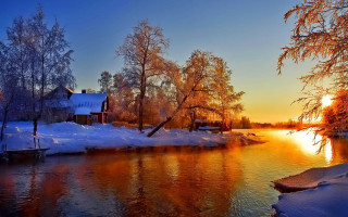River house trees sunset winter - the foreground and a sunset in the background free wallpaper