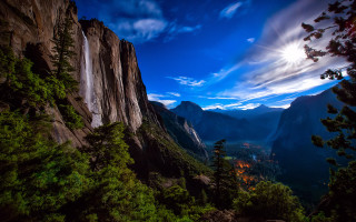 Waterfall mountains trees rocks sky - the mountain free wallpaper for desktop