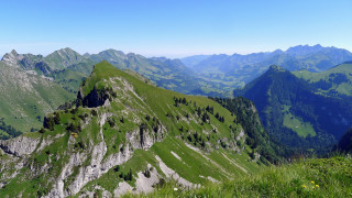 Mountain range grassy slope trees 3 - free landscape wallpaper