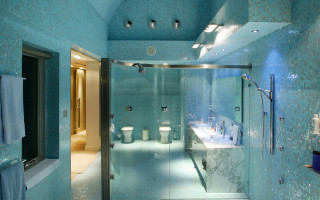 Bathroom glass shower blue tiles - damien hirst free wallpaper for desktop