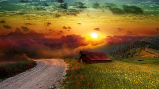 Red barn green field sunset 2 - a lush green field under a cloudy sky free wallpaper