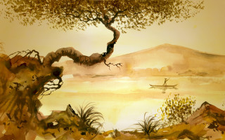 Tree boat lake mountains person - watercolor free wallpaper for desktop