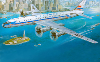 American scene plane city water - a painting of a plane free wallpaper