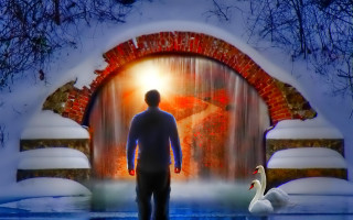 Waterfall swan clock forest architecture - storybook illustration free wallpaper