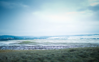 Field water hill trees boat - tonalism free wallpaper