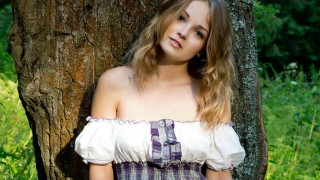 Woman dress leaning tree field - bettina heinenayech free wallpaper for desktop